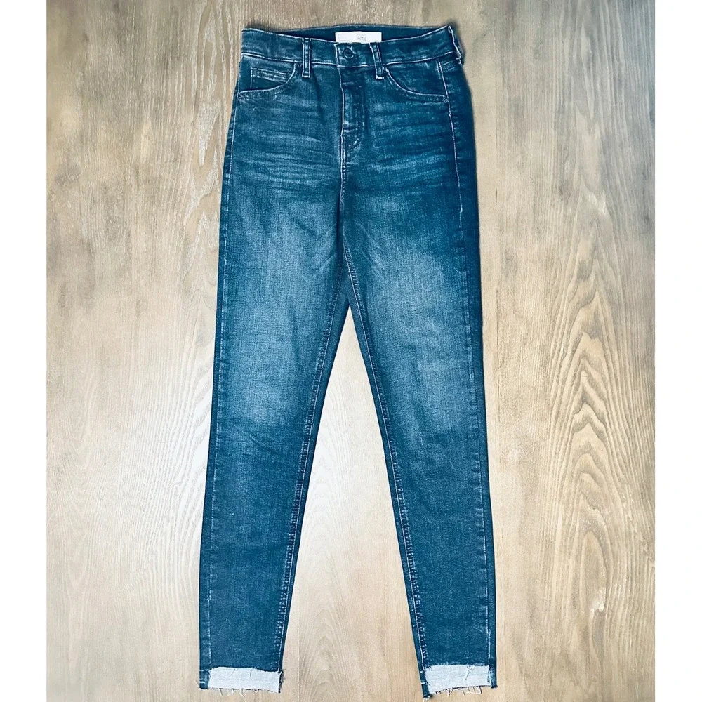 Topshop Moto‎ Jamie High Waist Skinny Jeans Dark Wash Raw Hem W28 L32
